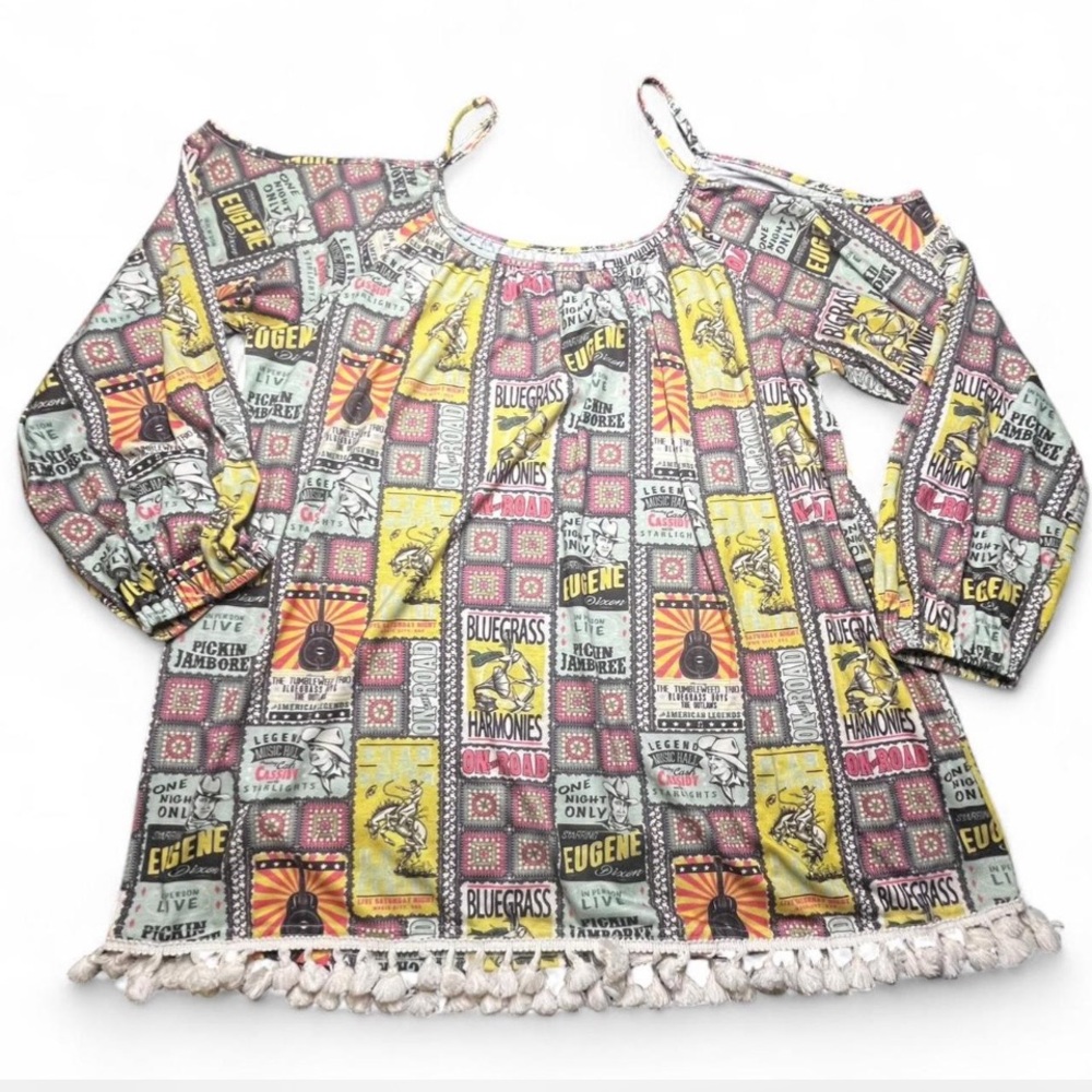 Double D Ranch Western mini-dress/oversized tunic with tassels at hemline, XL